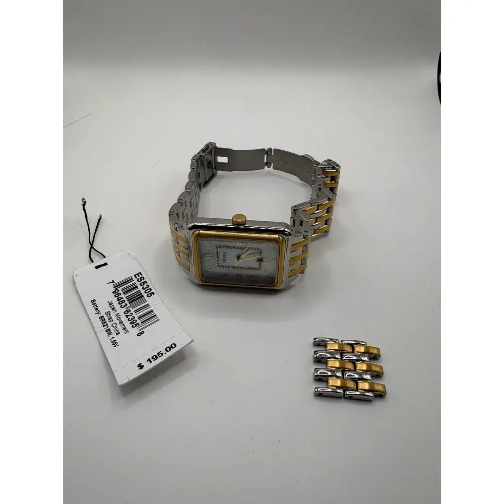 Fossil Es5305 Women's Two Tone Rectangular Crystal Watch New With Tags